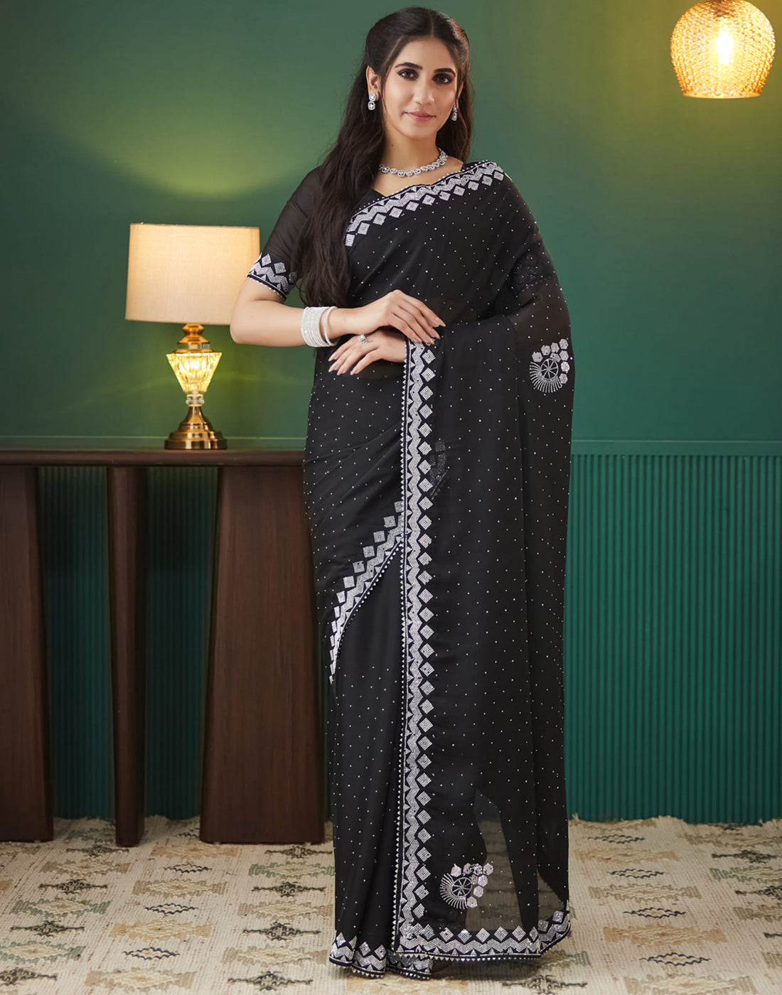 Black Georgette Stone Work Swarovski  Saree