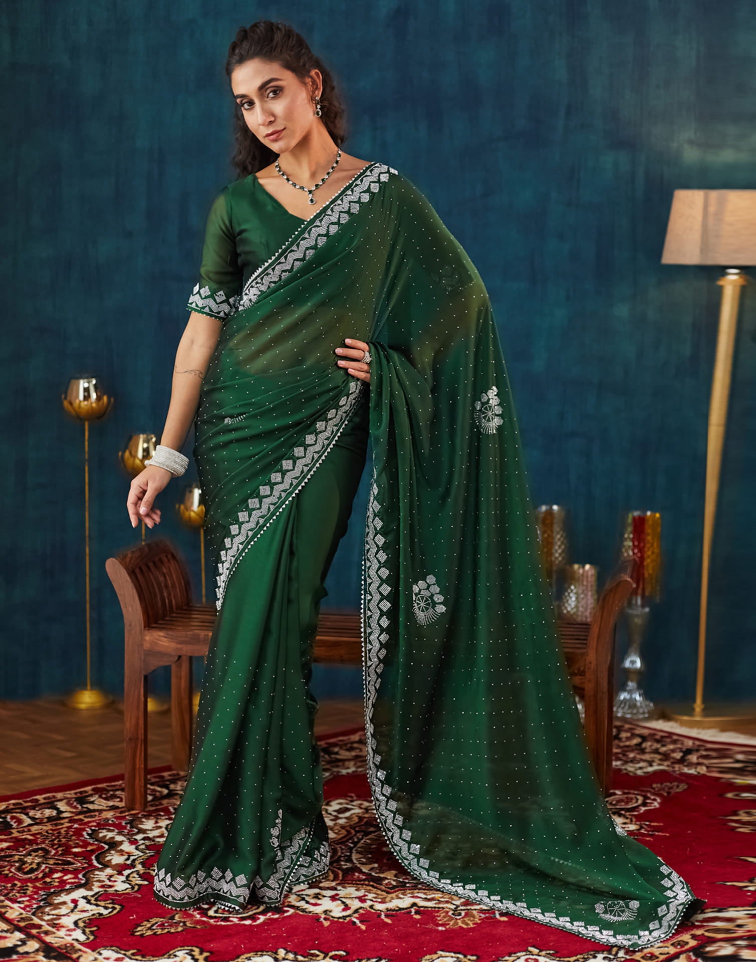 Green Georgette Swarovski Embellished Saree