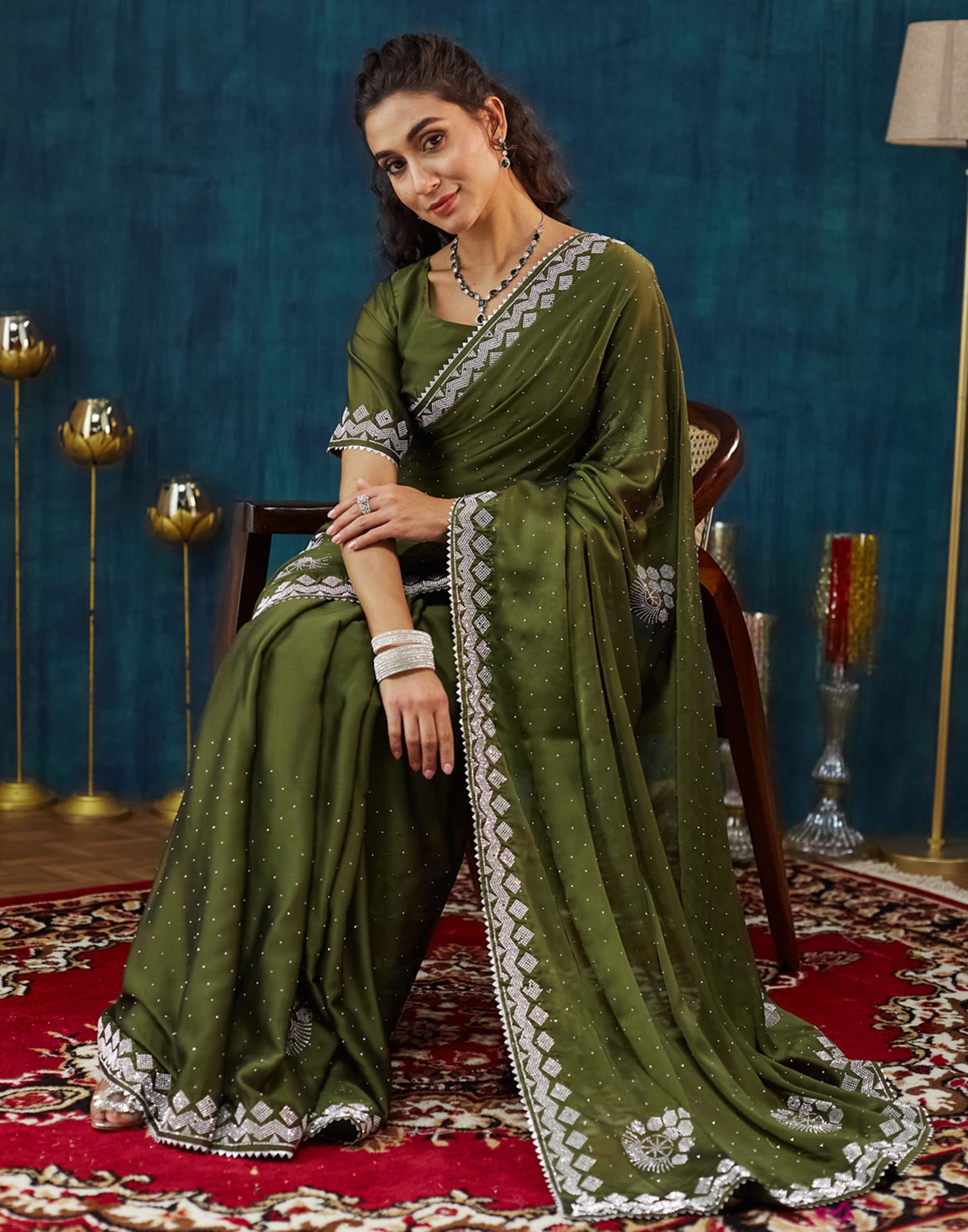 Green Georgette Swarovski Embellished Saree