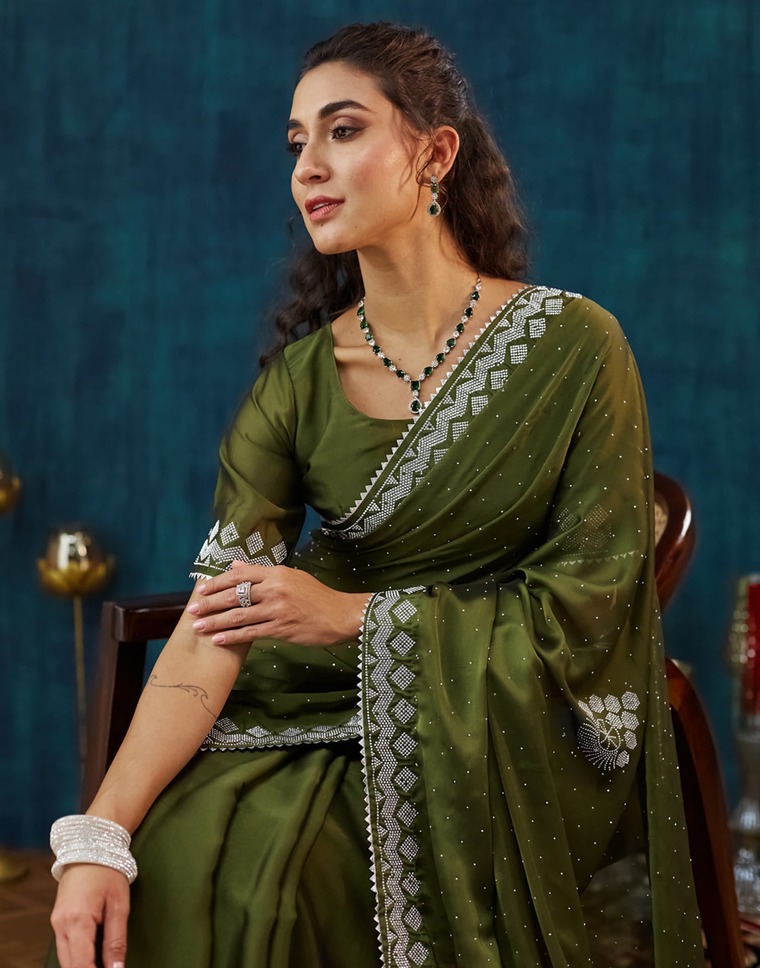 Green Georgette Swarovski Embellished Saree