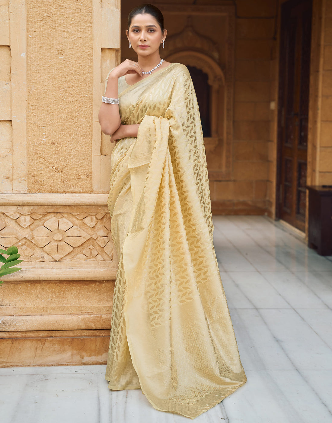 Yellow Silk Blend Woven Banarasi Saree