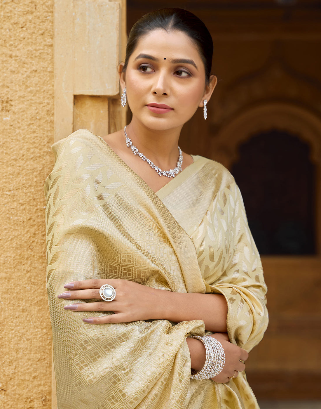 Yellow Silk Blend Woven Banarasi Saree