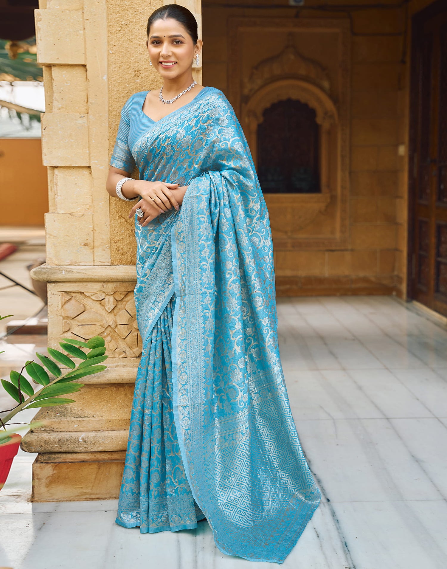 Sky Blue Silk Weaving Kanjivaram Saree