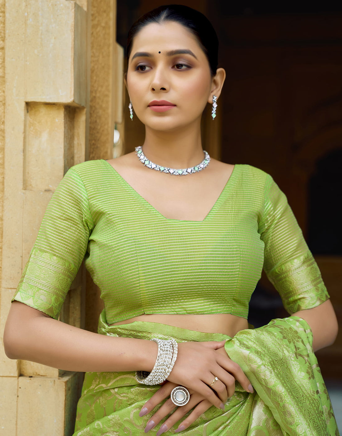 Green Silk Blend Woven Banarasi Saree
