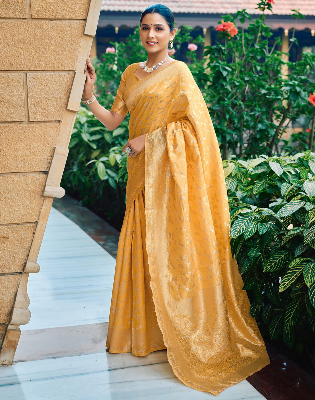 Yellow Silk Blend Woven Banarasi Saree