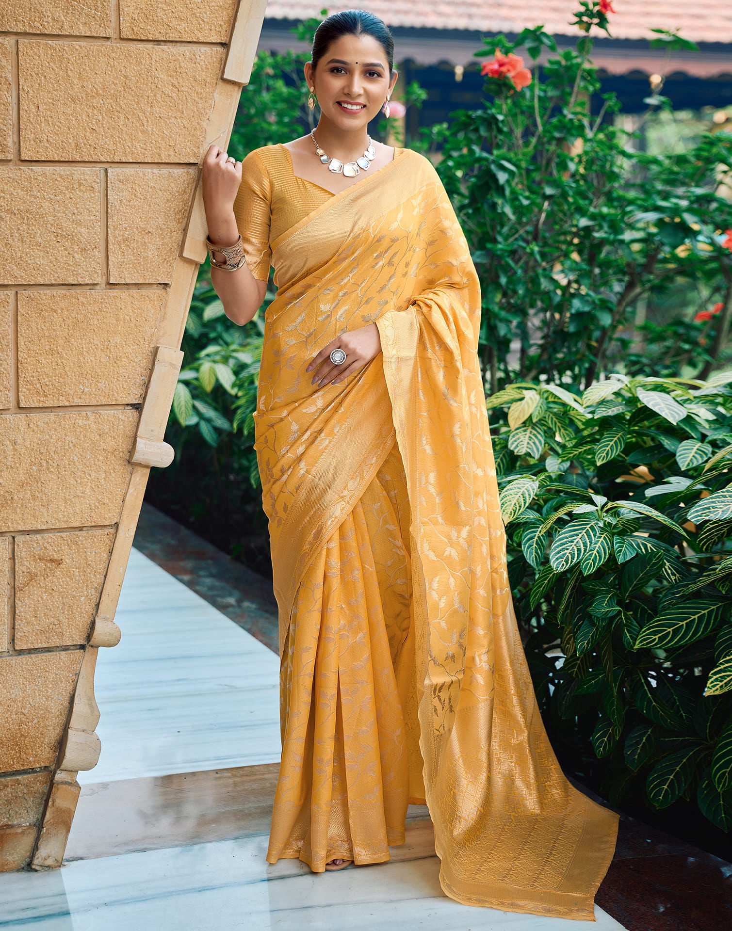 Light Yellow Silk Weaving Kanjivaram Saree