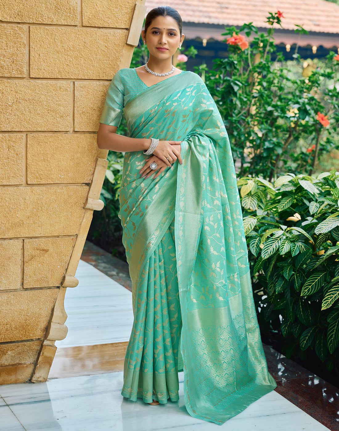 Turquoise Silk Blend Woven Banarasi Saree