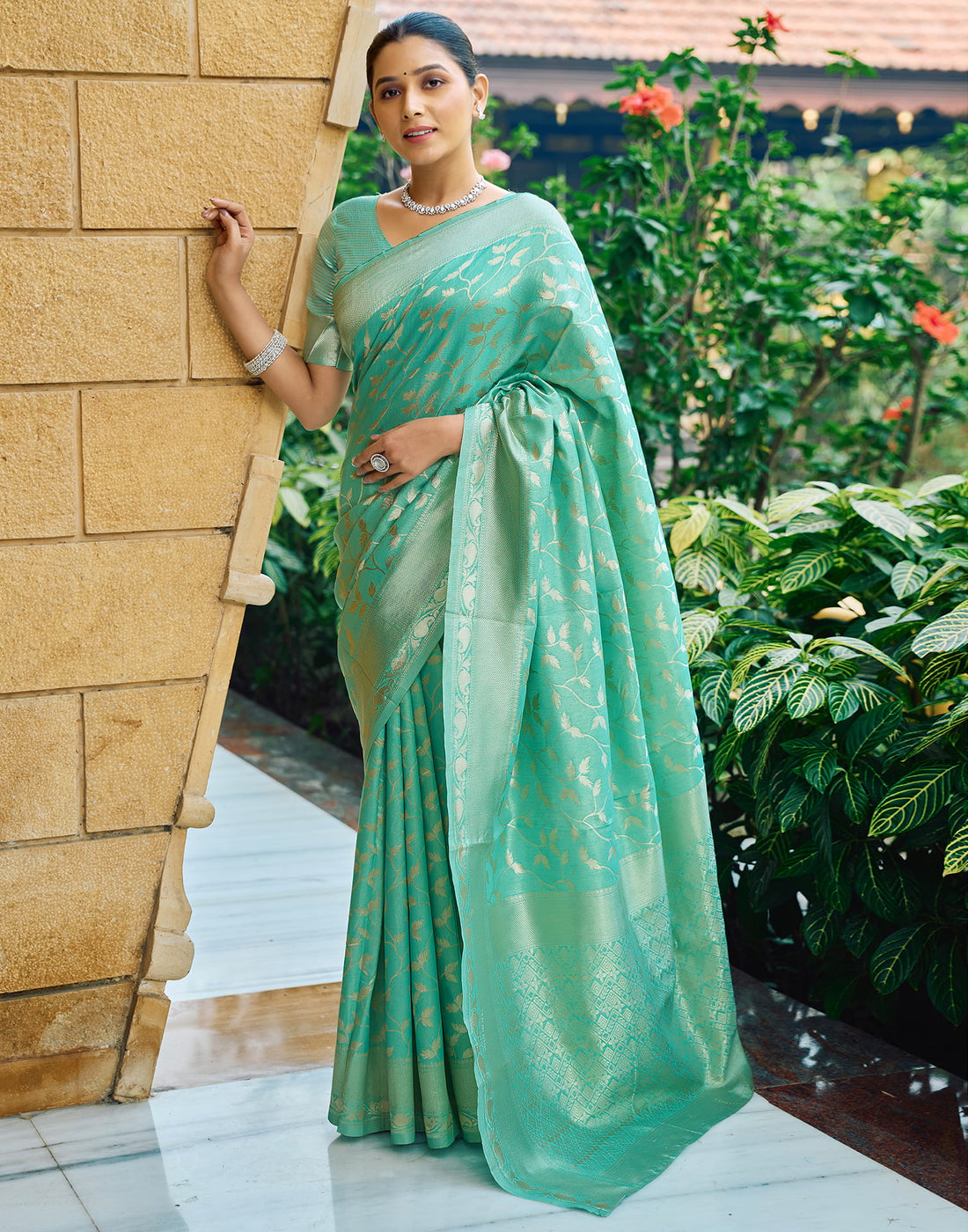 Turquoise Silk Blend Woven Banarasi Saree
