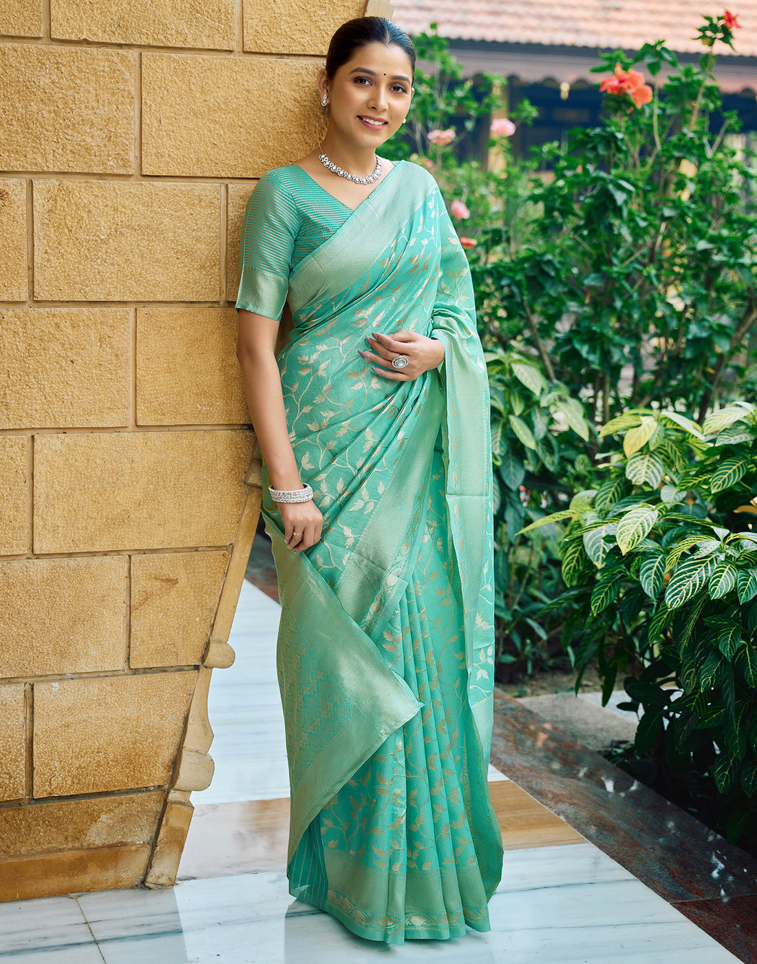 Turquoise Silk Blend Woven Banarasi Saree