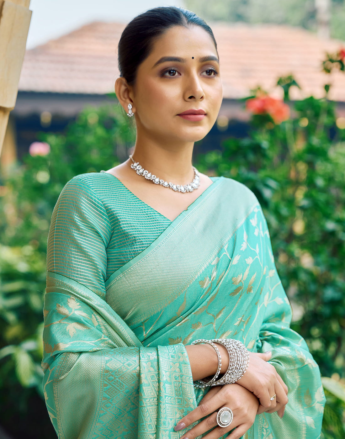 Turquoise Silk Blend Woven Banarasi Saree