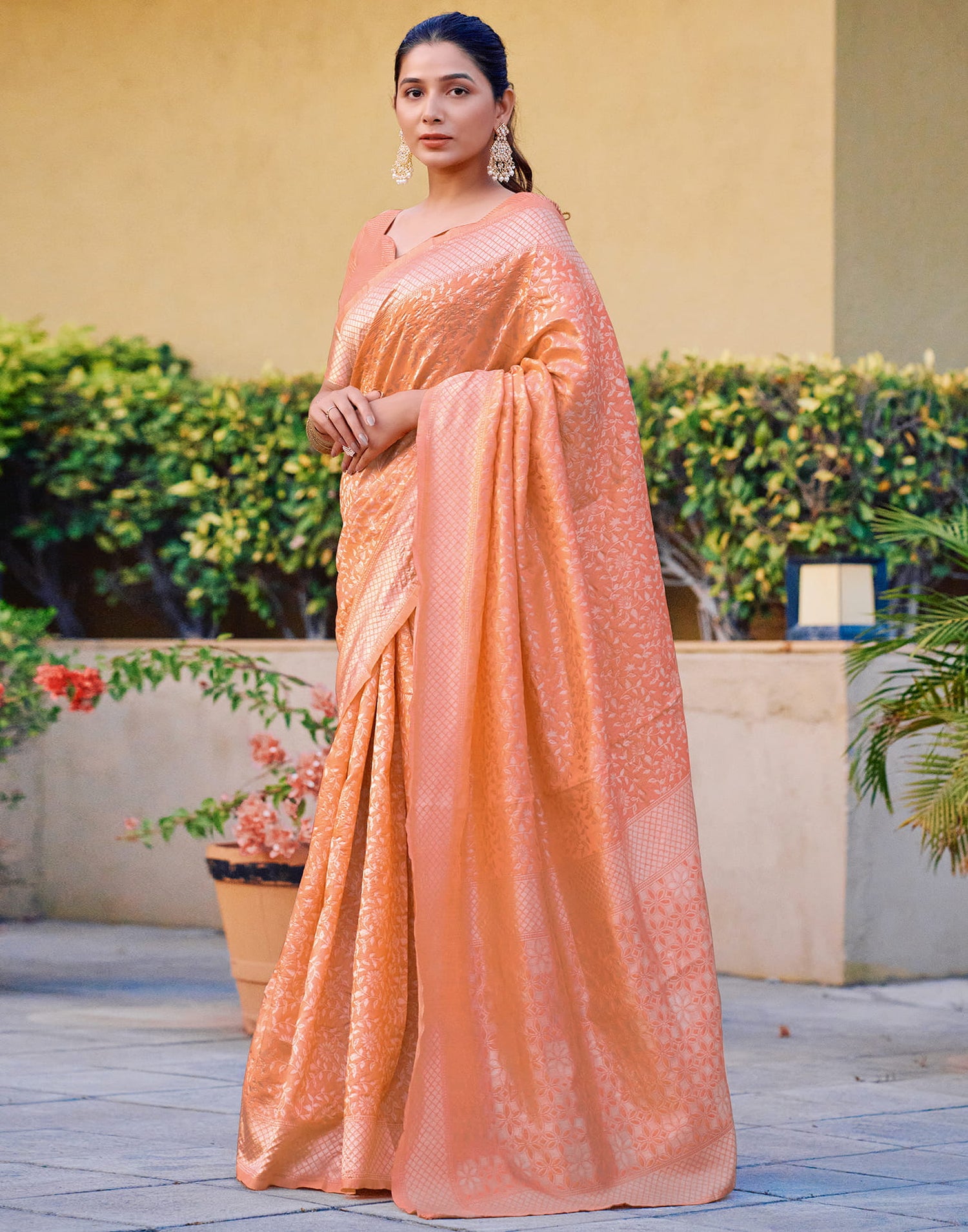 Lught Orange Silk Weaving Kanjivaram Saree