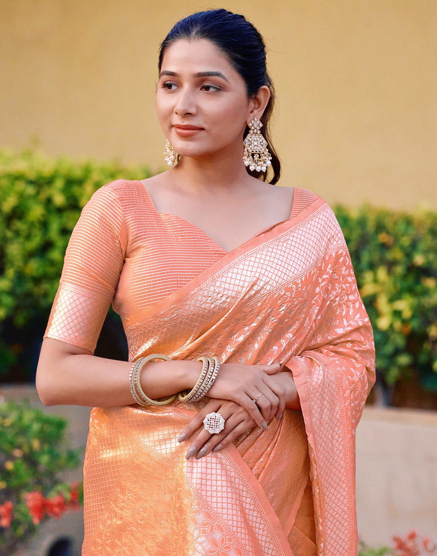 Lught Orange Silk Weaving Kanjivaram Saree