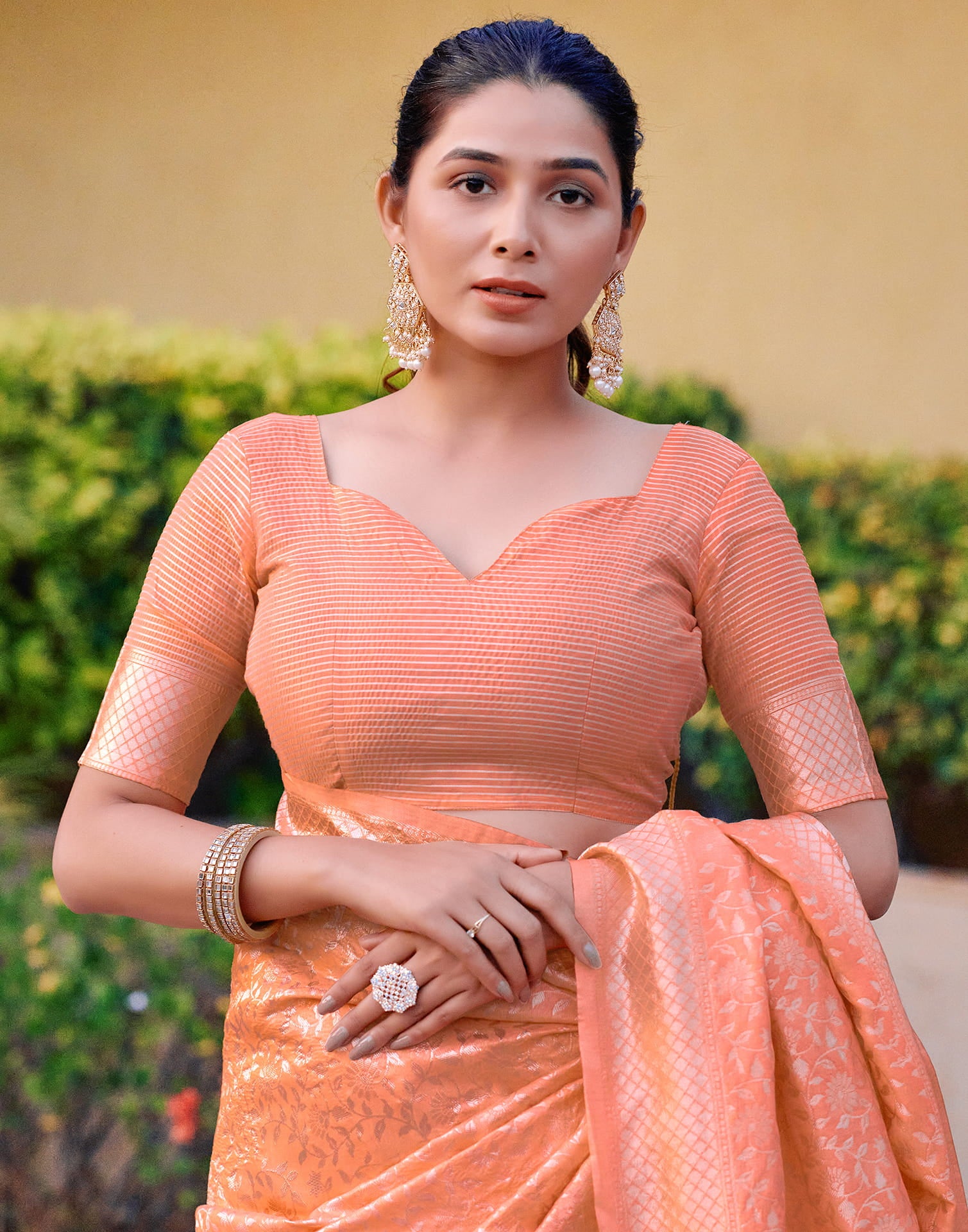 Lught Orange Silk Weaving Kanjivaram Saree