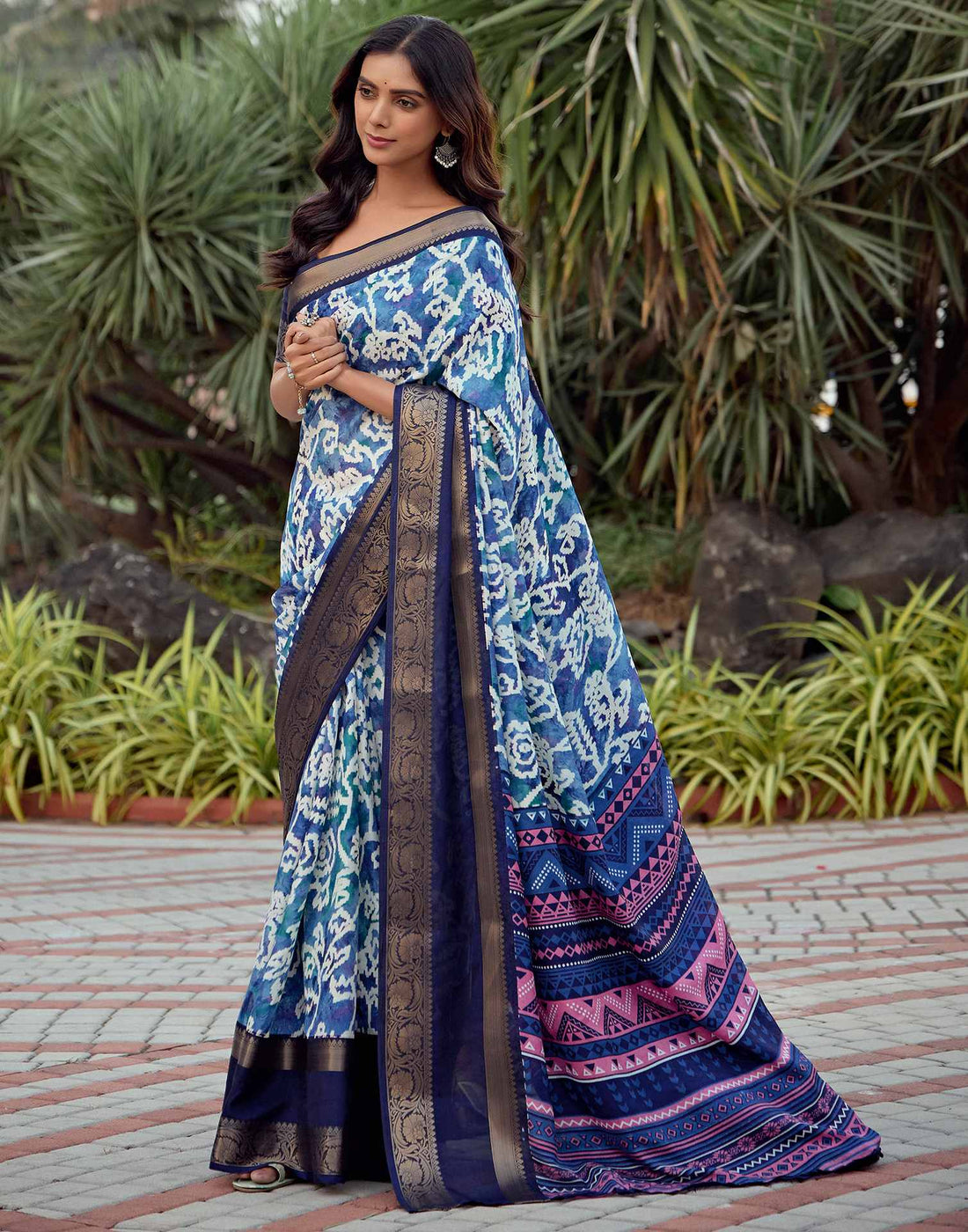 Blue Cotton Silk Printed Saree