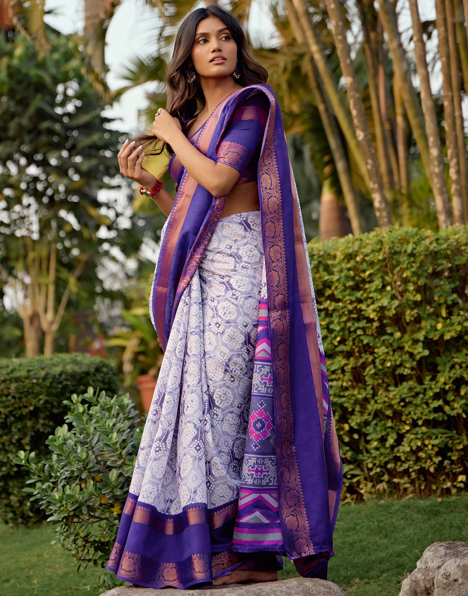 Purple Cotton Silk Printed Saree