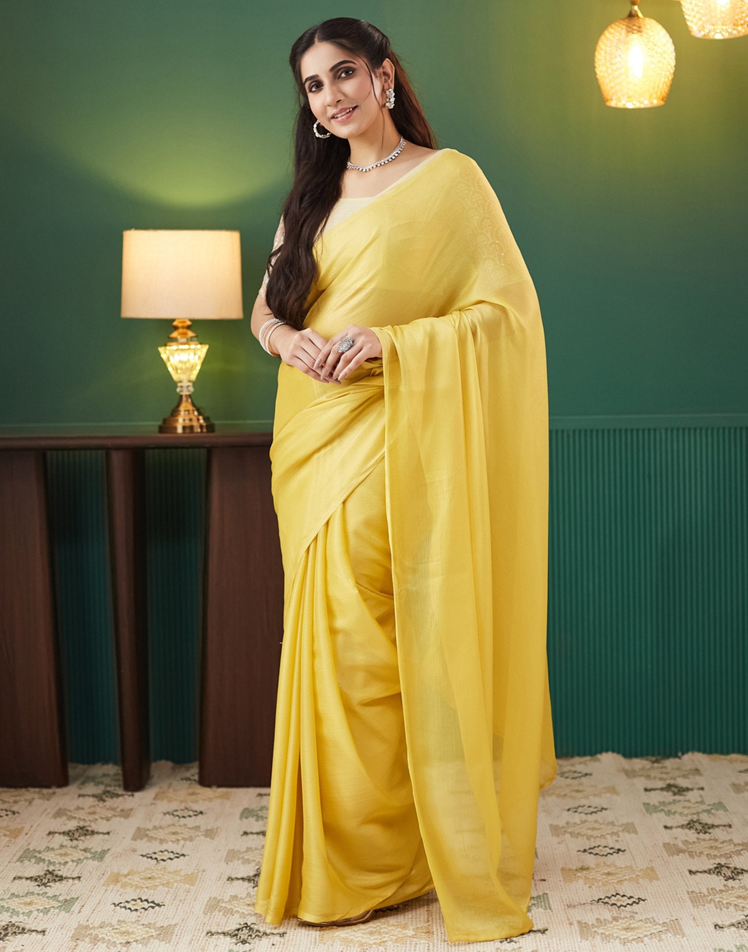 Yellow Georgette Plain Saree