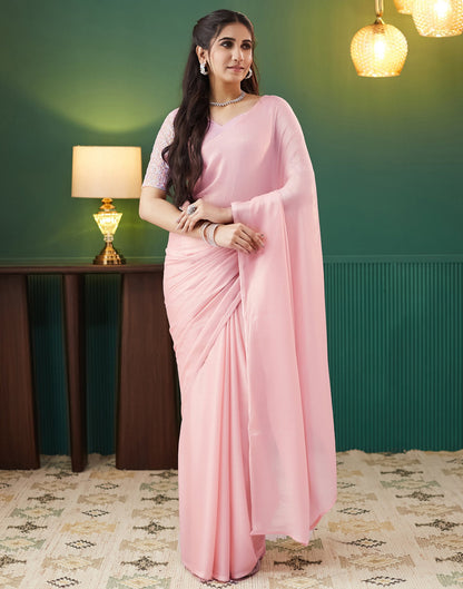 Light Rose Pink Georgette Plain Saree