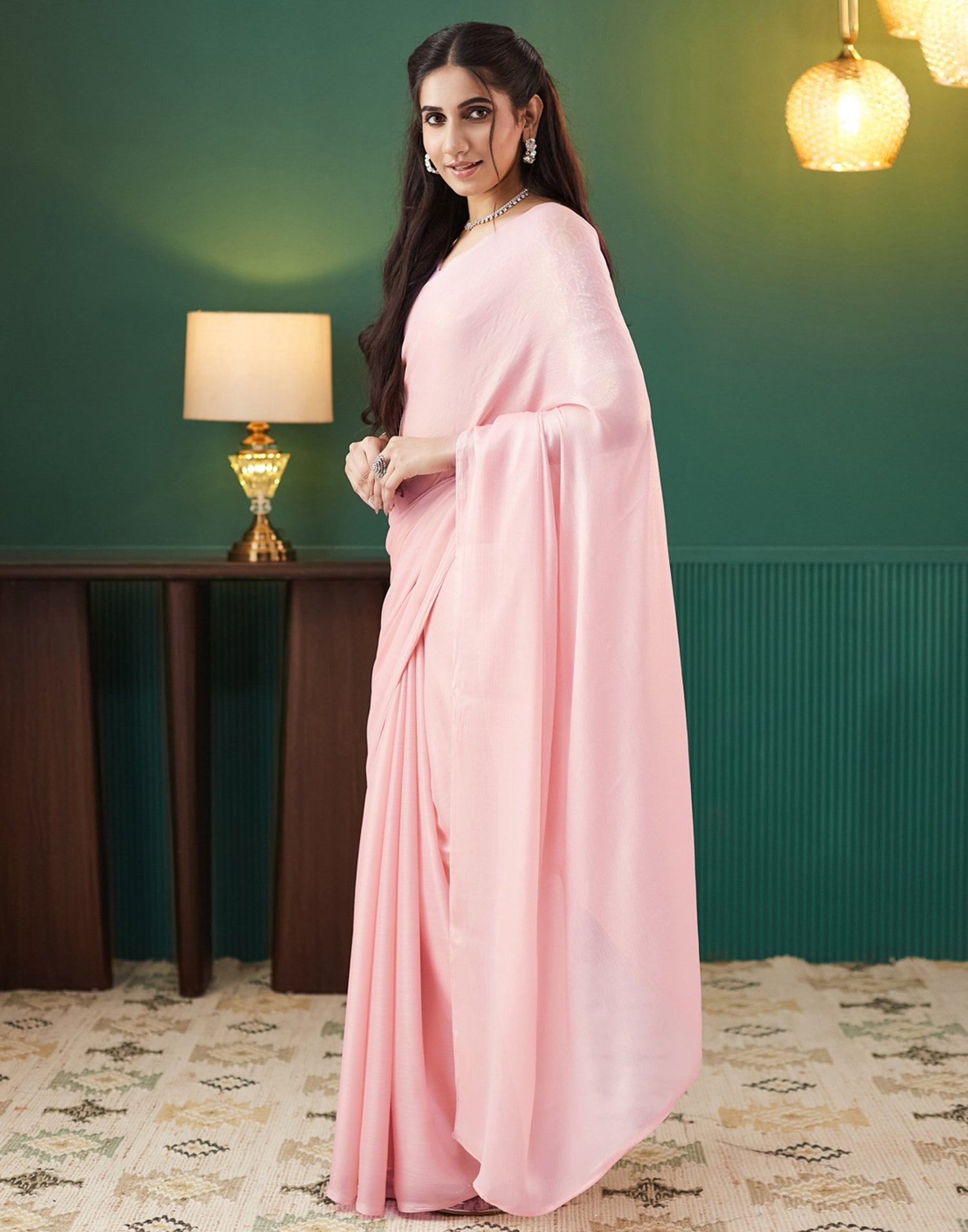 Light Rose Pink Georgette Plain Saree