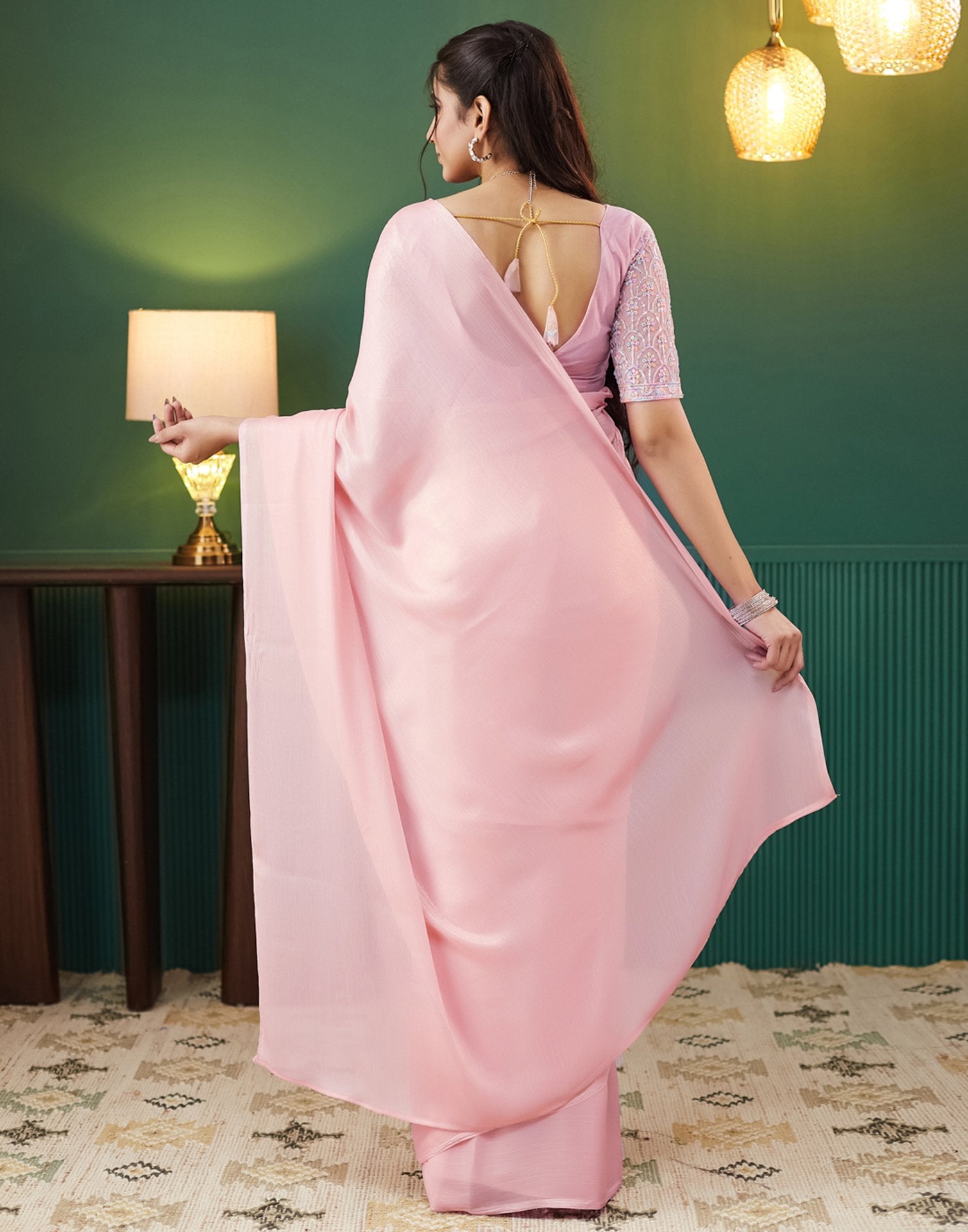 Light Rose Pink Georgette Plain Saree