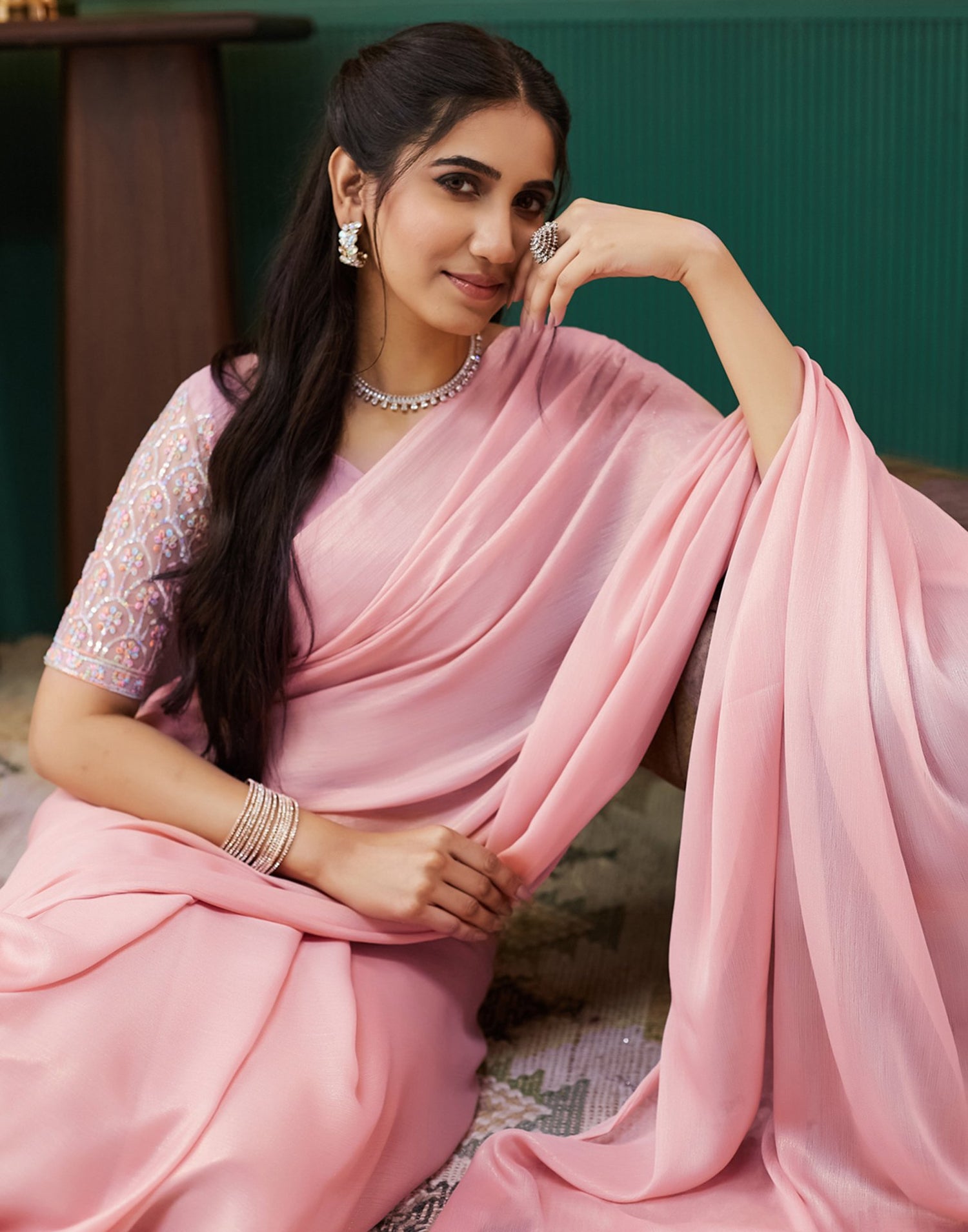 Light Rose Pink Georgette Plain Saree