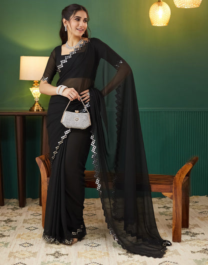 Black Georgette Mirror Work Embellished  Saree