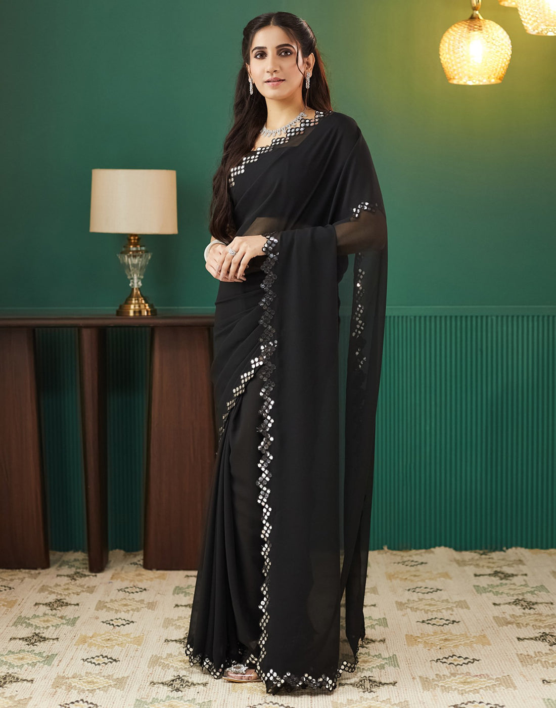 Black Georgette Mirror Work Embellished  Saree