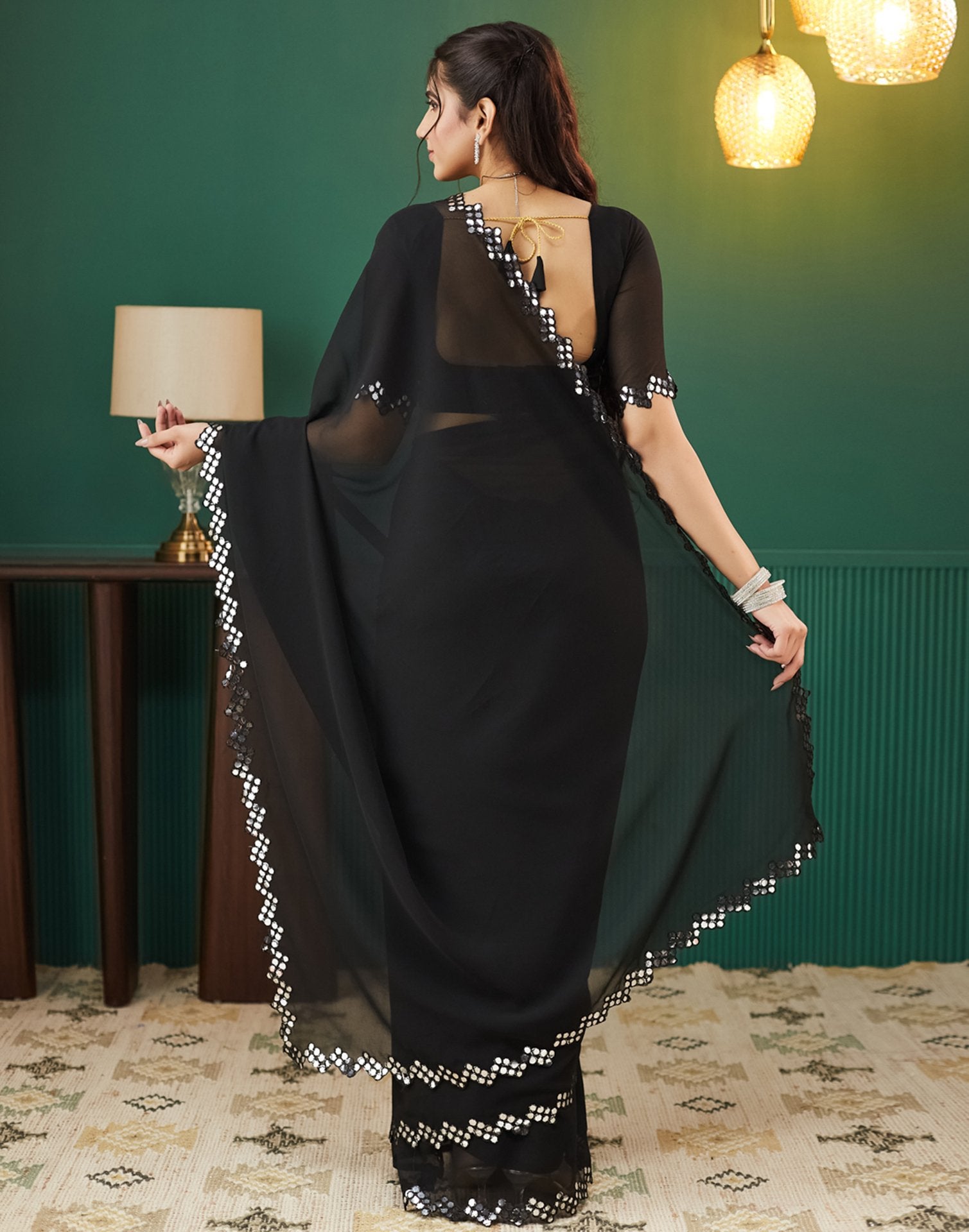 Black Georgette Mirror Work Embellished  Saree