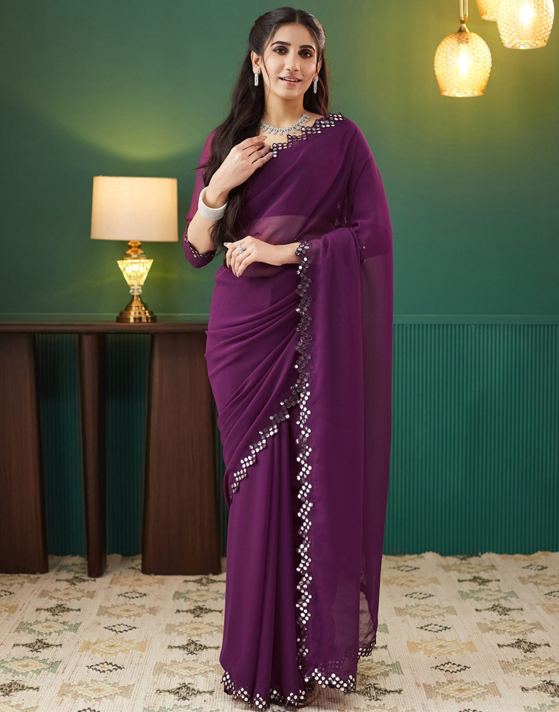 Wine Georgette Mirror Work Embellished  Saree