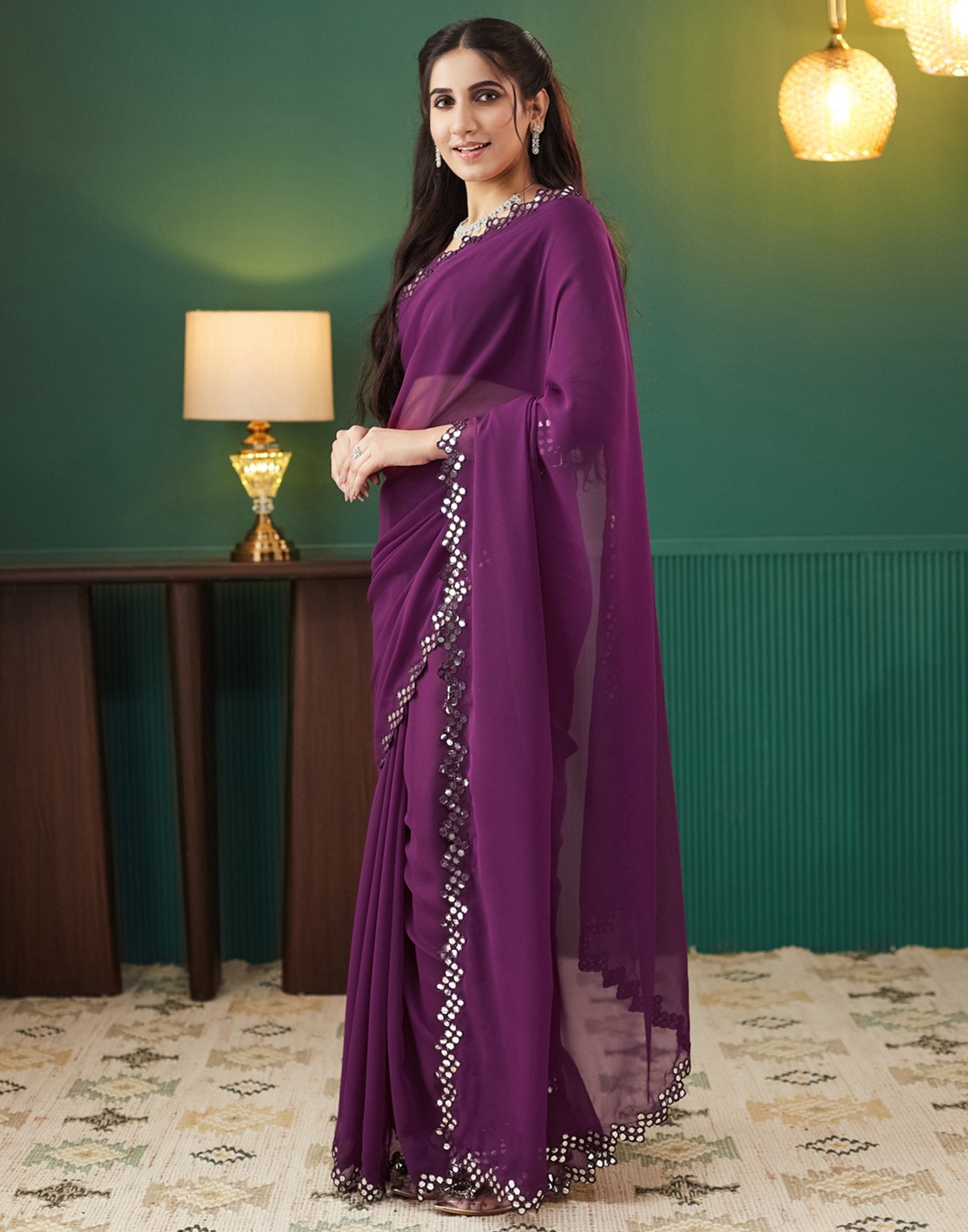 Wine Georgette Mirror Work Embellished  Saree