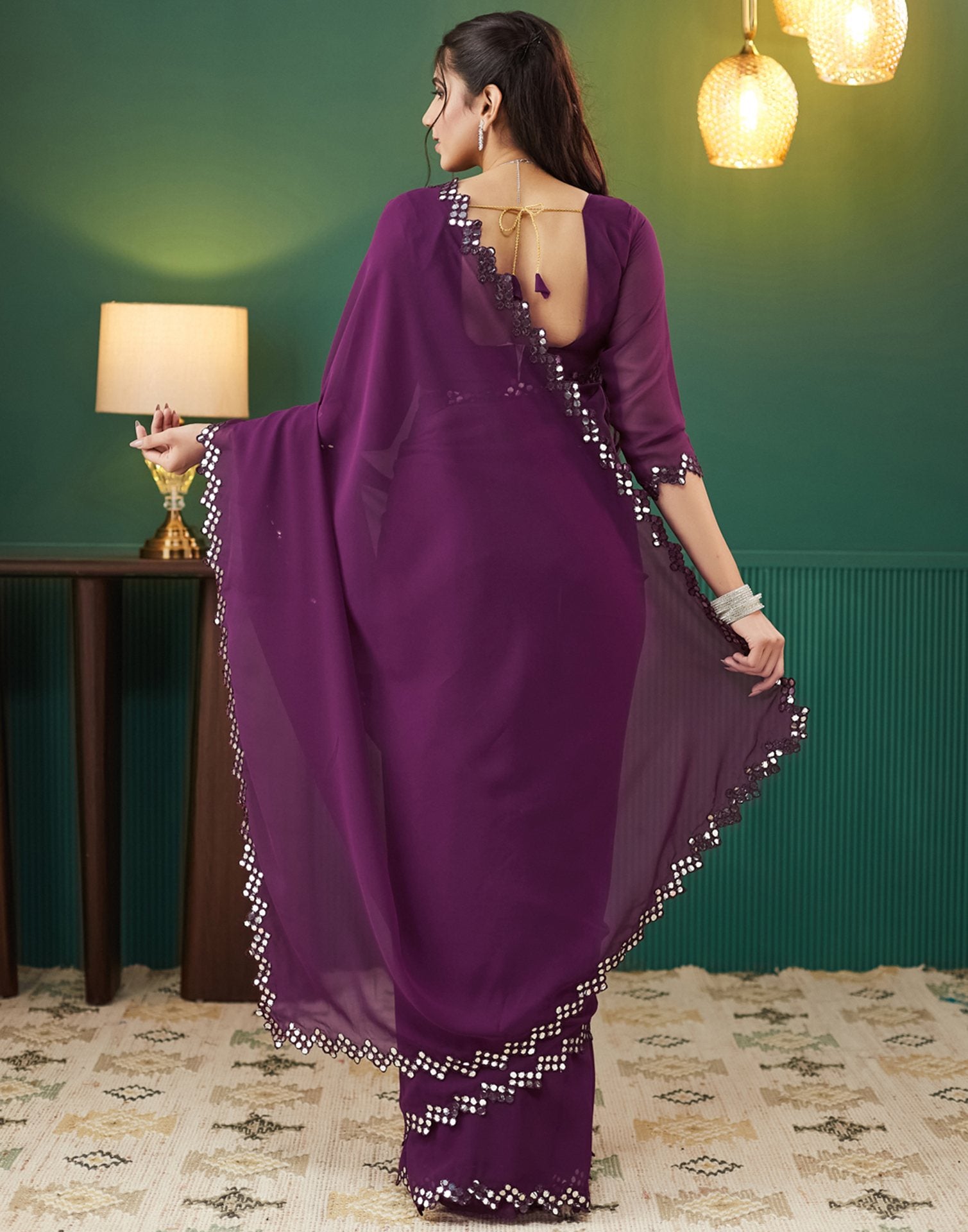 Wine Georgette Mirror Work Embellished  Saree