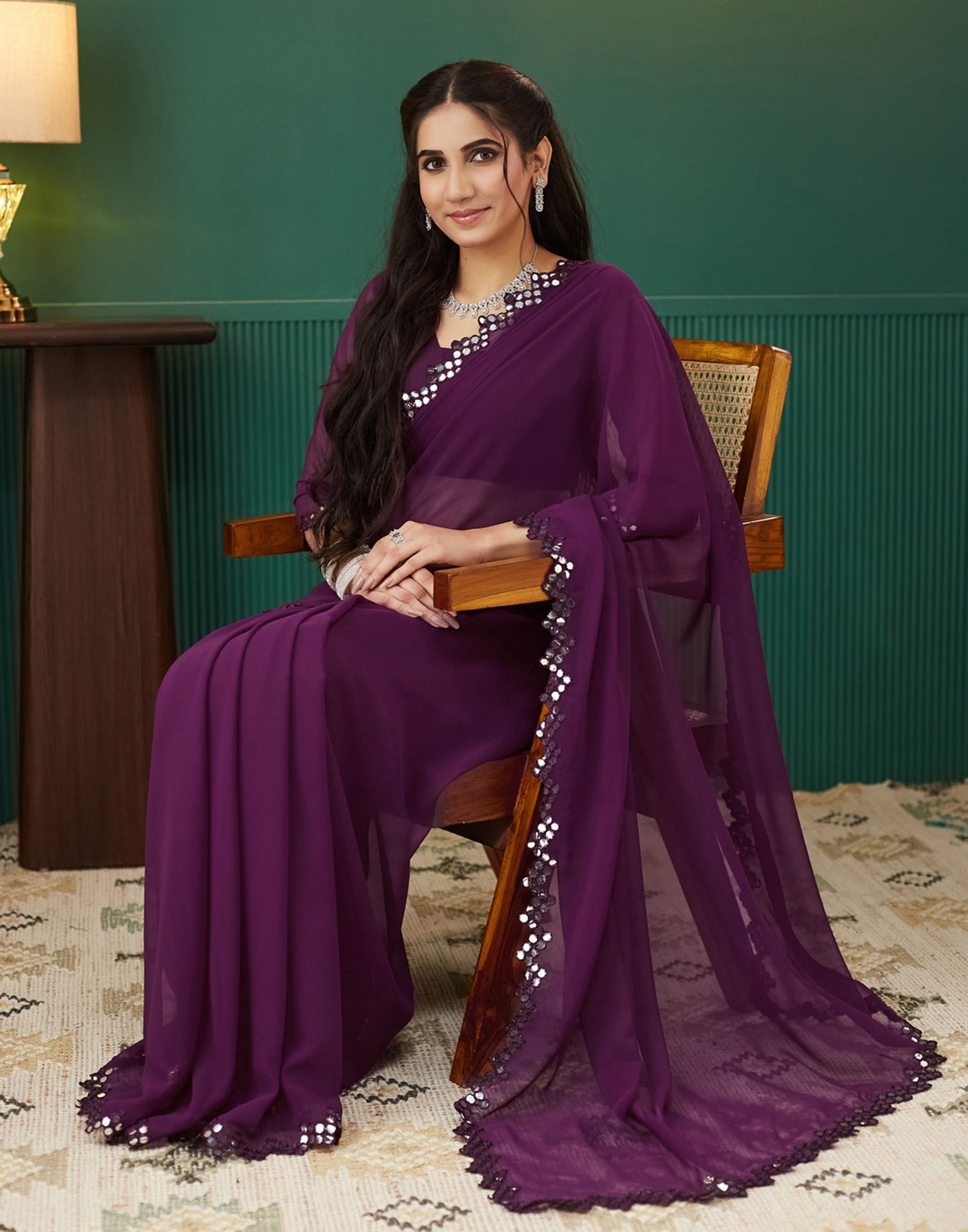 Wine Georgette Mirror Work Embellished  Saree