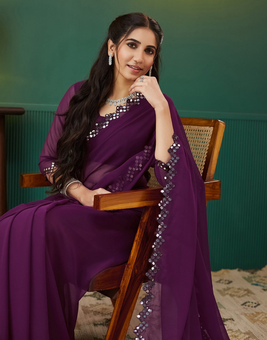 Wine Georgette Mirror Work Embellished Saree