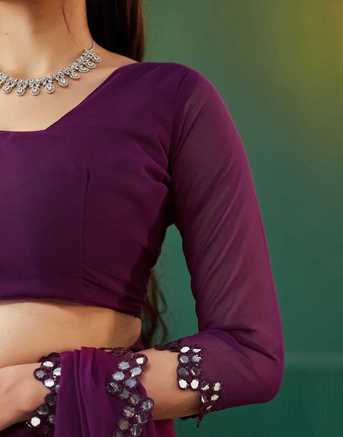 Purple Georgette Mirror Work Embellished Saree