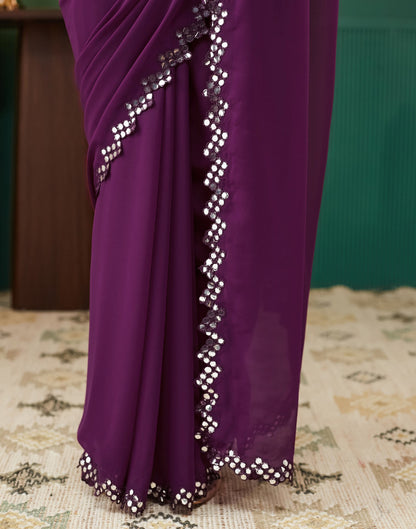 Wine Georgette Mirror Work Embellished  Saree