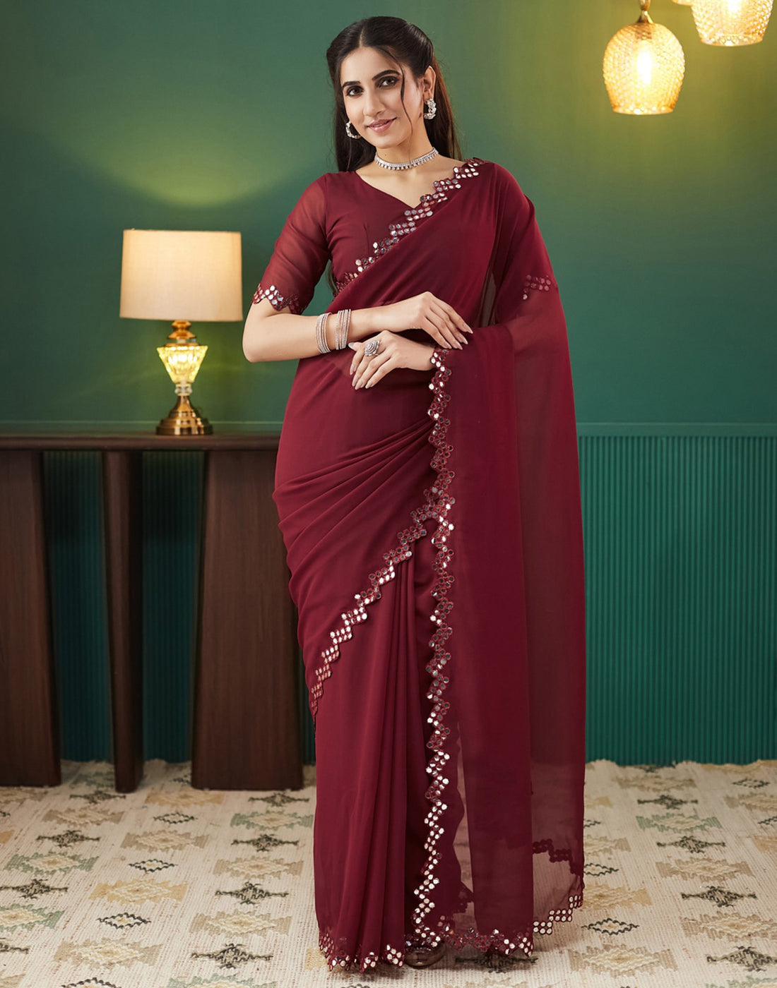 Maroon Georgette Mirror Work Embellished Saree