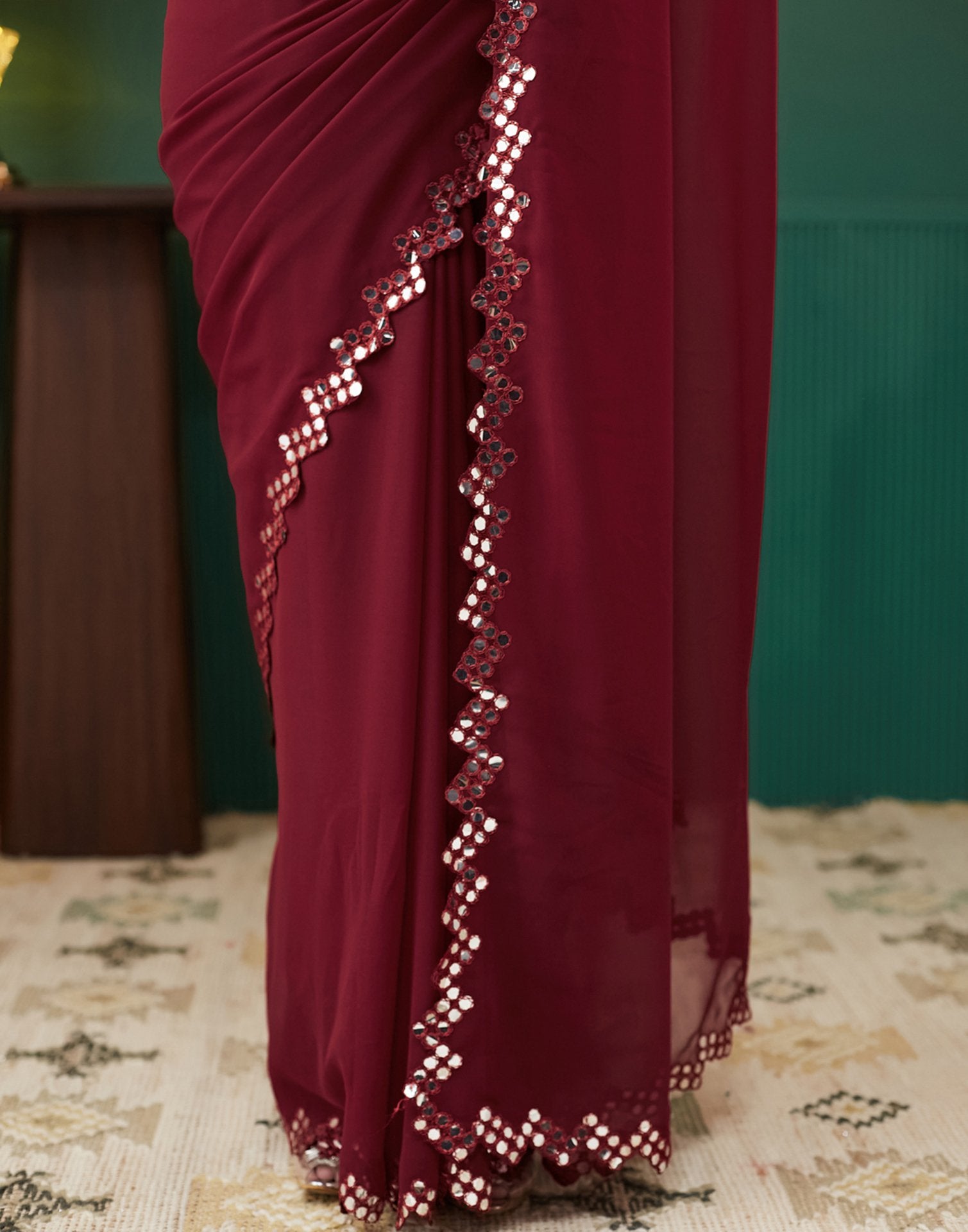 Maroon Georgette Mirror Work Embellished  Saree