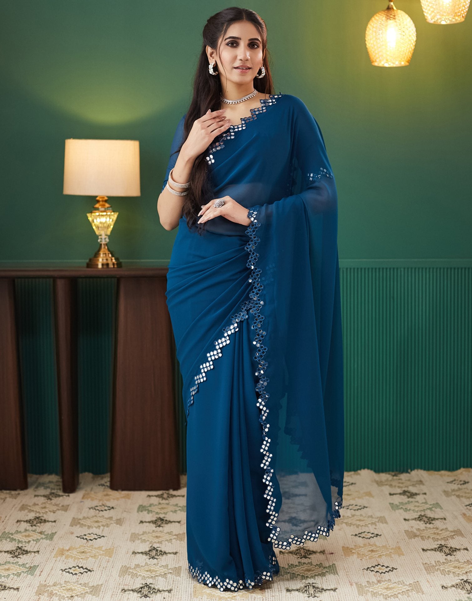 Rama Blue Georgette Mirror Work Embellished  Saree