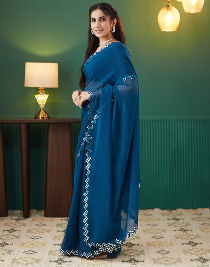 Rama Blue Georgette Mirror Work Embellished  Saree