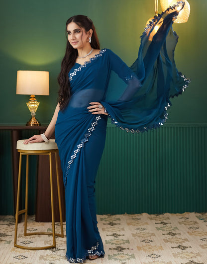 Rama Blue Georgette Mirror Work Embellished  Saree