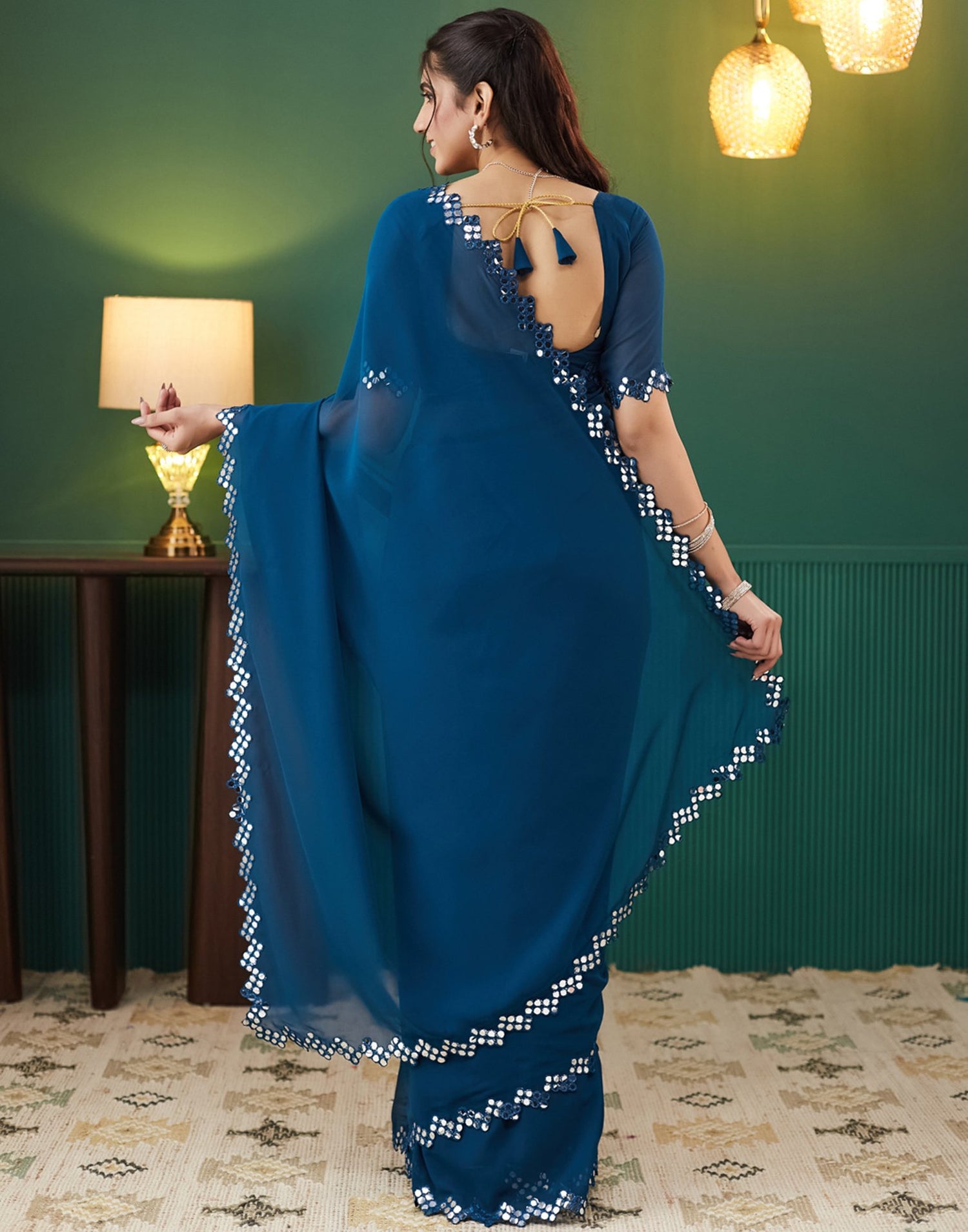 Rama Blue Georgette Mirror Work Embellished  Saree