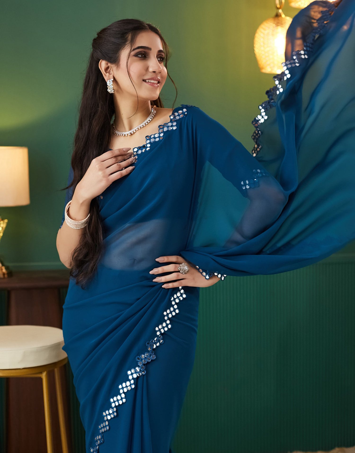 Rama Blue Georgette Mirror Work Embellished  Saree