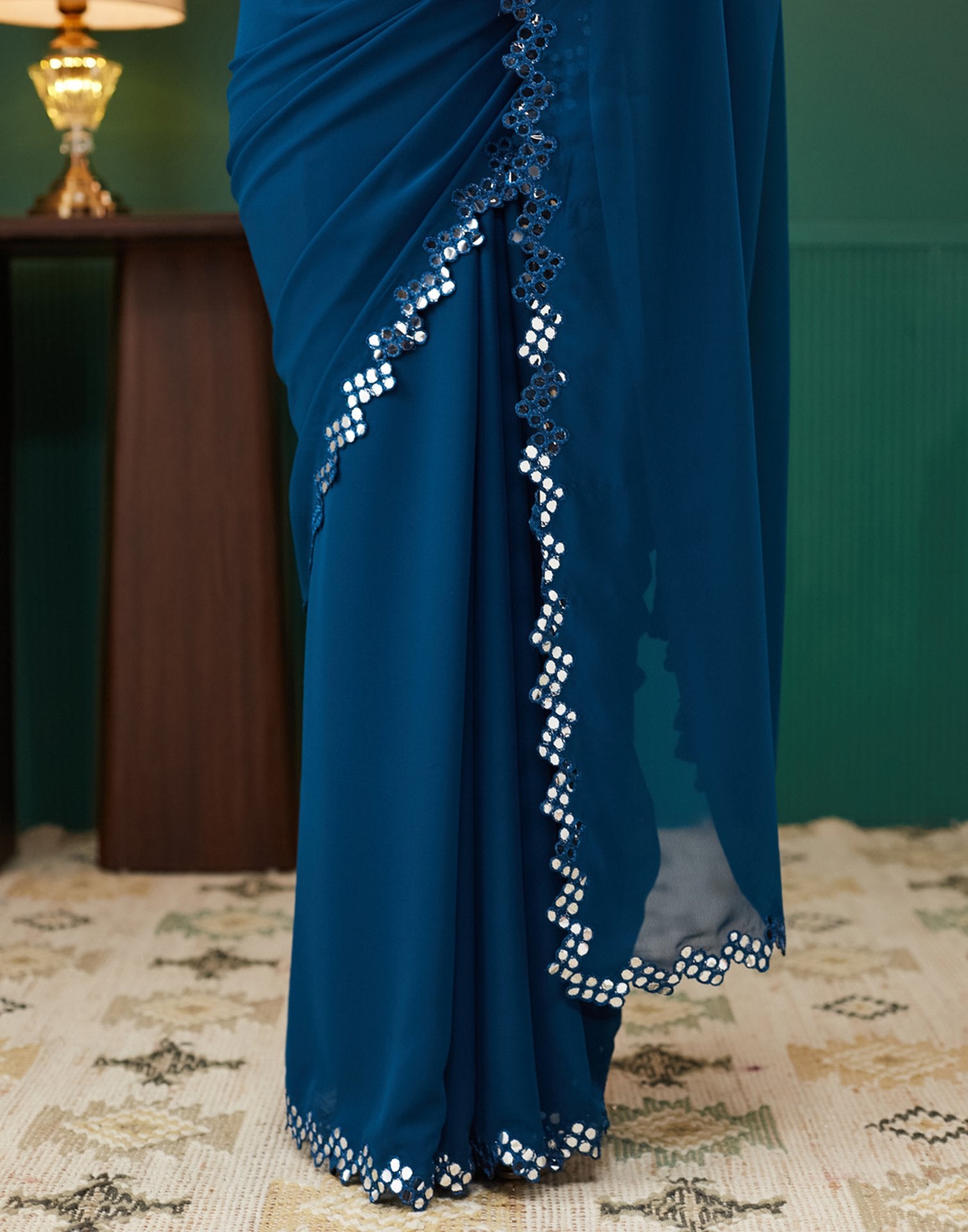 Rama Blue Georgette Mirror Work Embellished  Saree