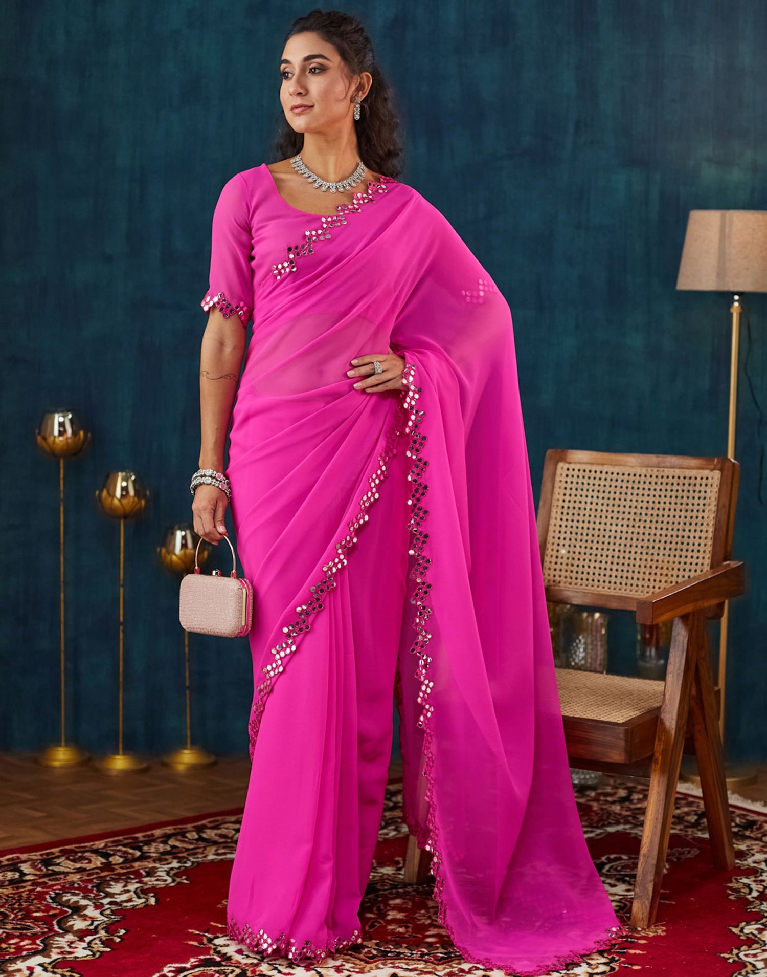 Pink Georgette Mirror Work Embellished  Saree