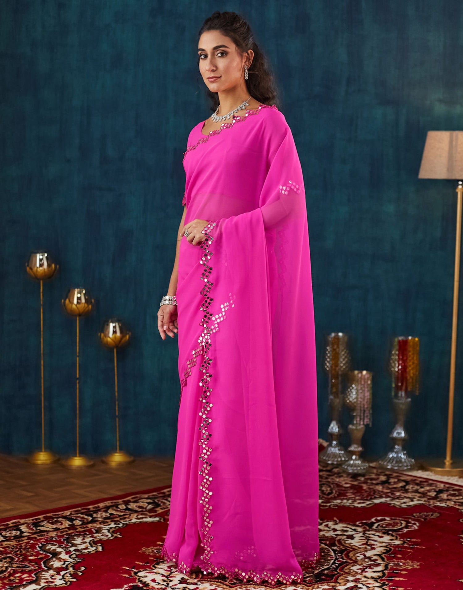 Pink Georgette Mirror Work Embellished  Saree