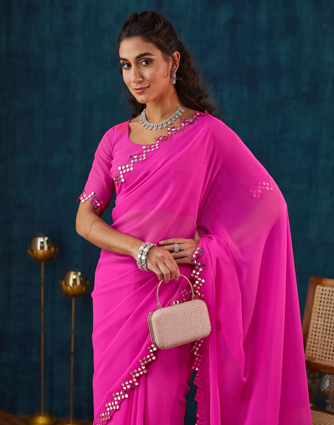 Pink Georgette Mirror Work Embellished  Saree