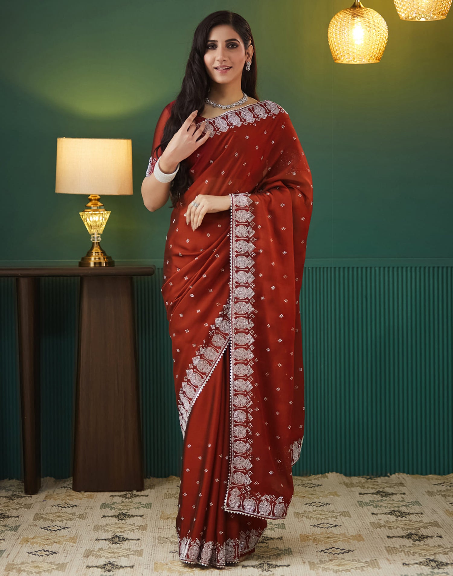 Red Georgette Swarovski Embellished Saree