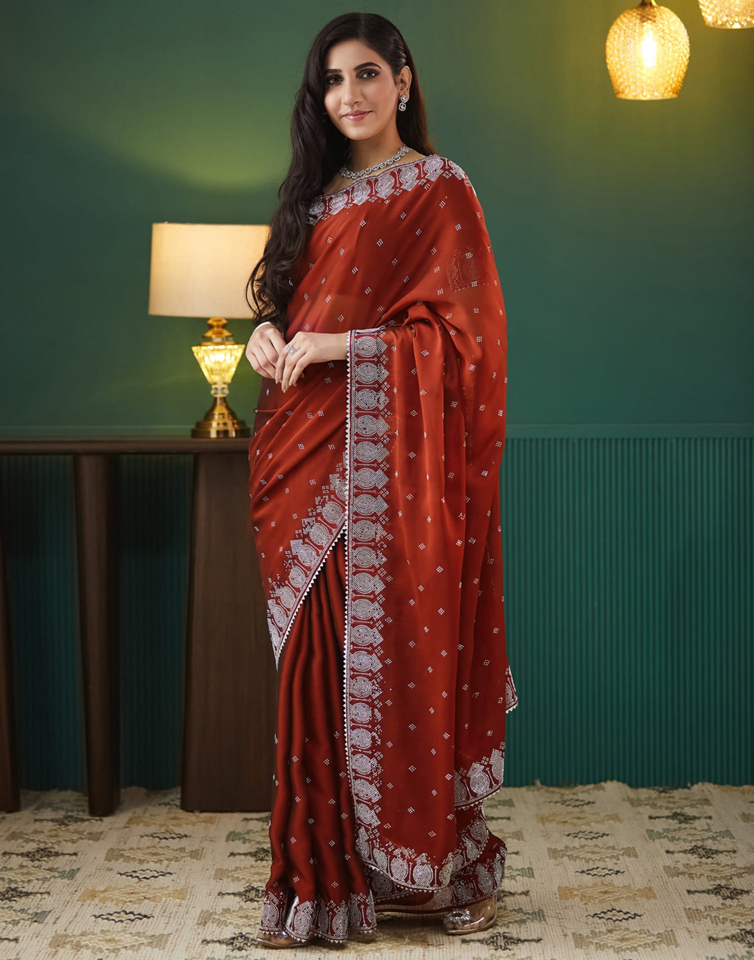 Red Georgette Swarovski Embellished Saree