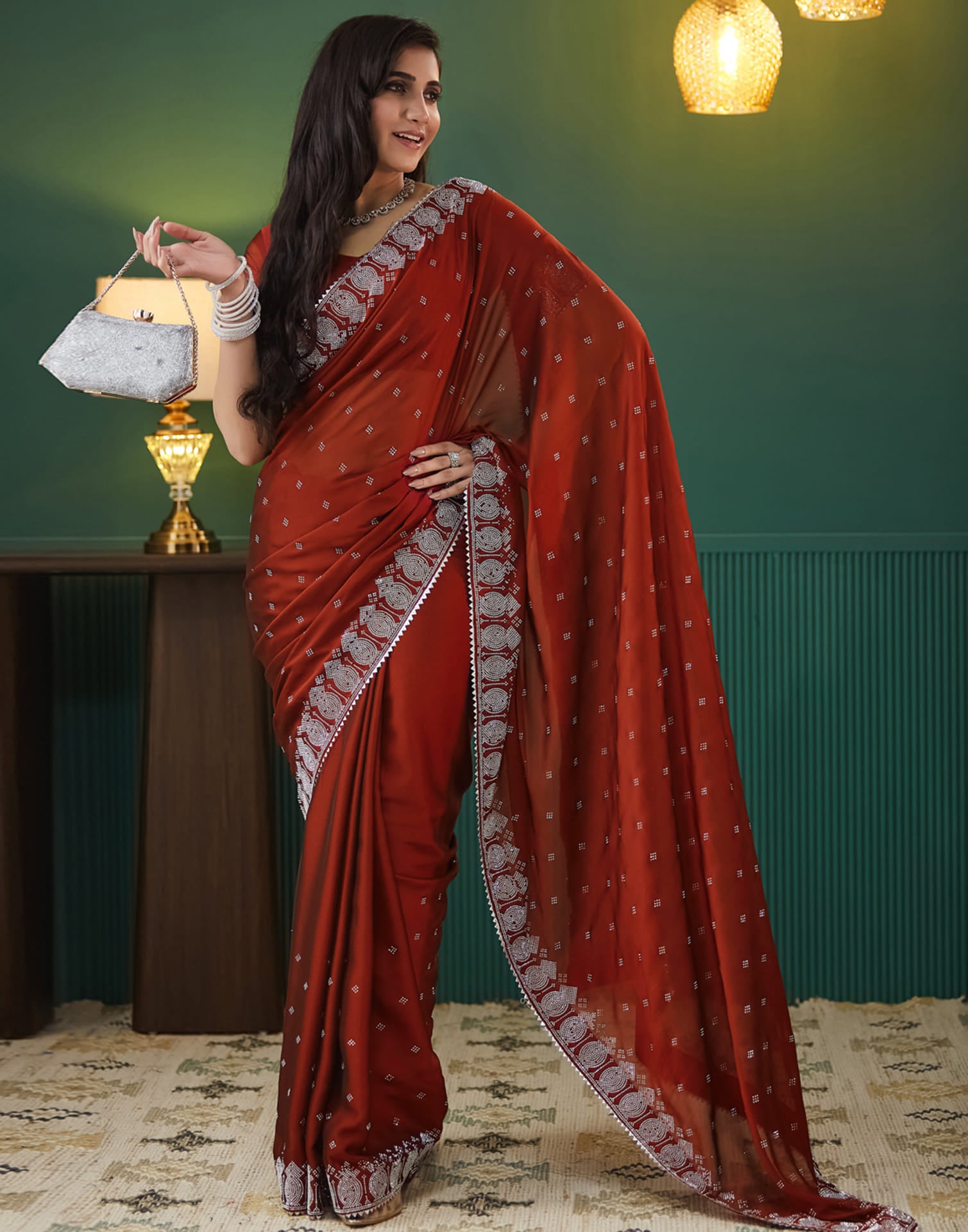 Red Georgette Swarovski Embellished Saree