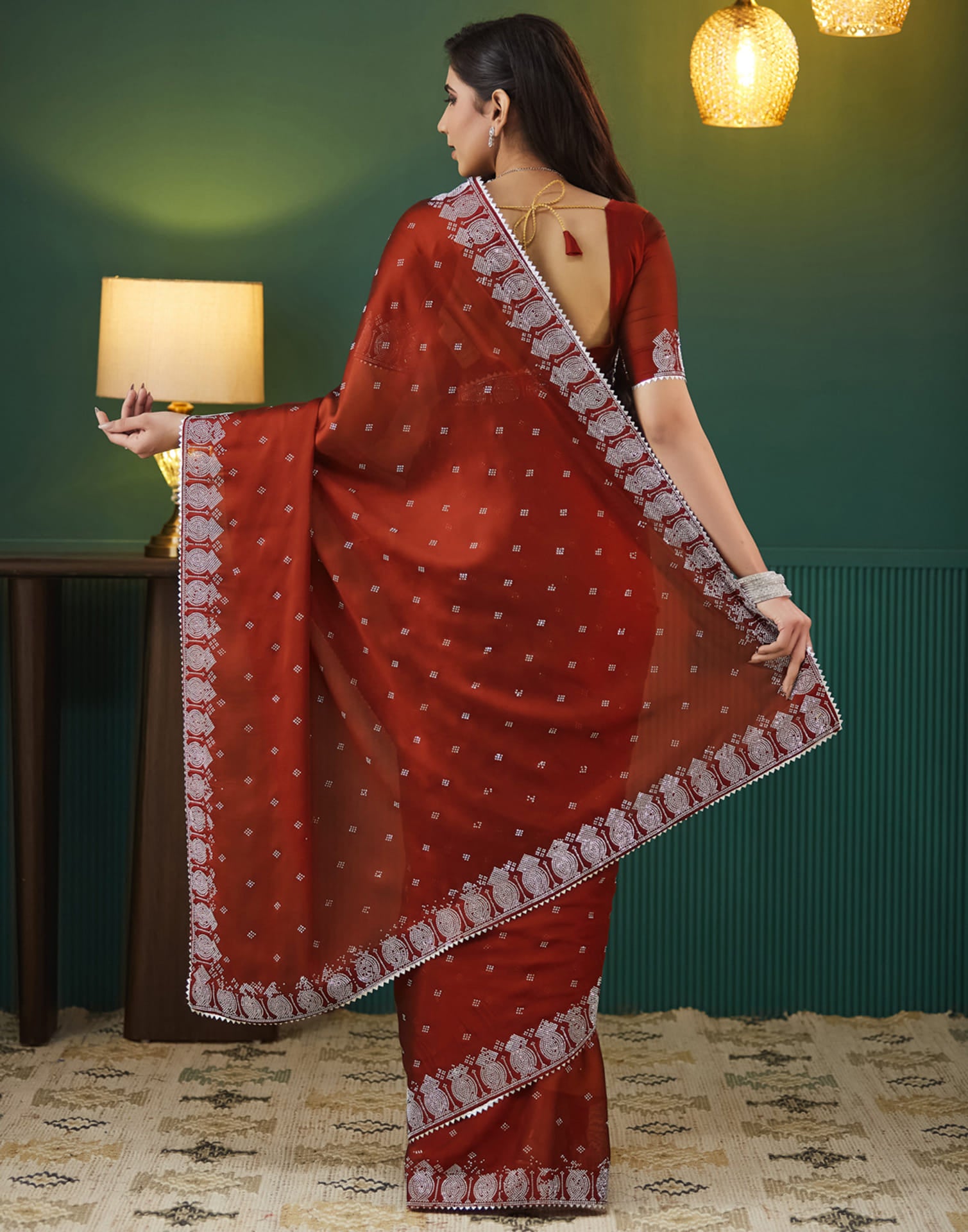 Red Georgette Swarovski Embellished Saree