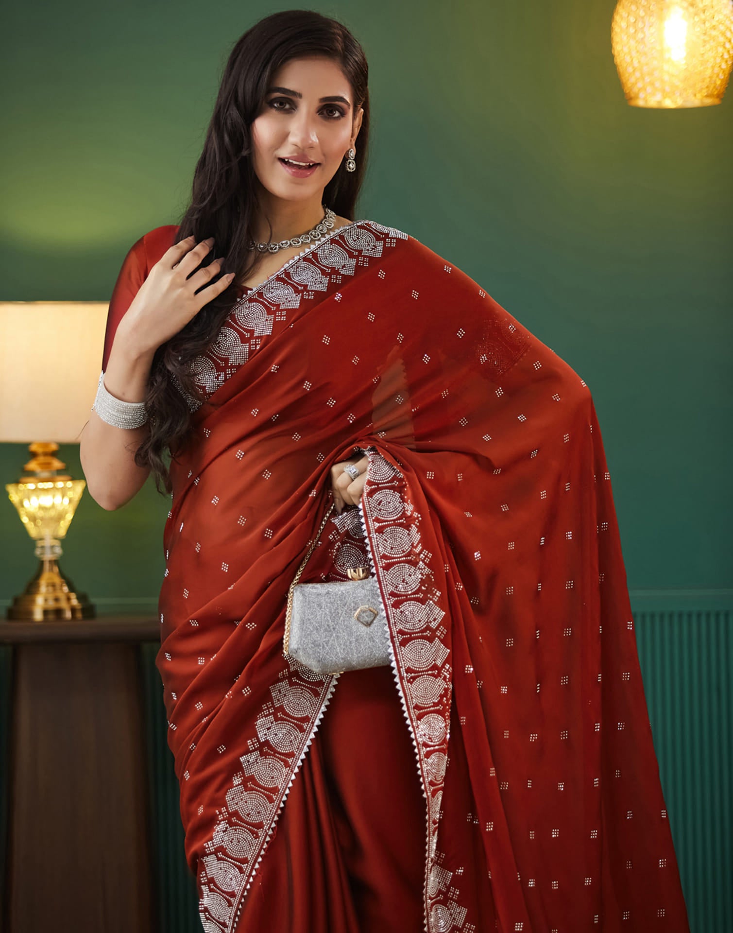 Red Georgette Swarovski Embellished Saree